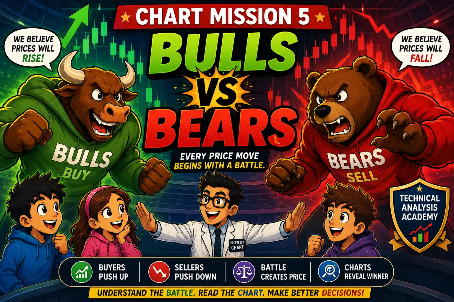 Chart Mission 5 Bulls vs Bears hero image showing Professor Chart explaining how buyers and sellers battle to move stock prices in the stock market.