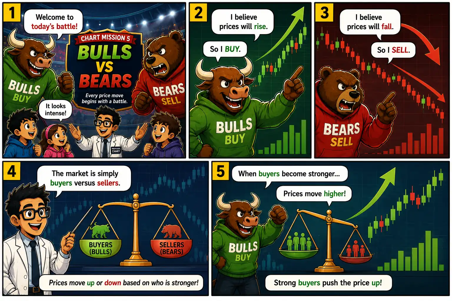 Chart Mission 5 comic panels 1 to 5 introducing the Bulls vs Bears battle, bullish buyers, bearish sellers, and how stronger buyers push stock prices higher.