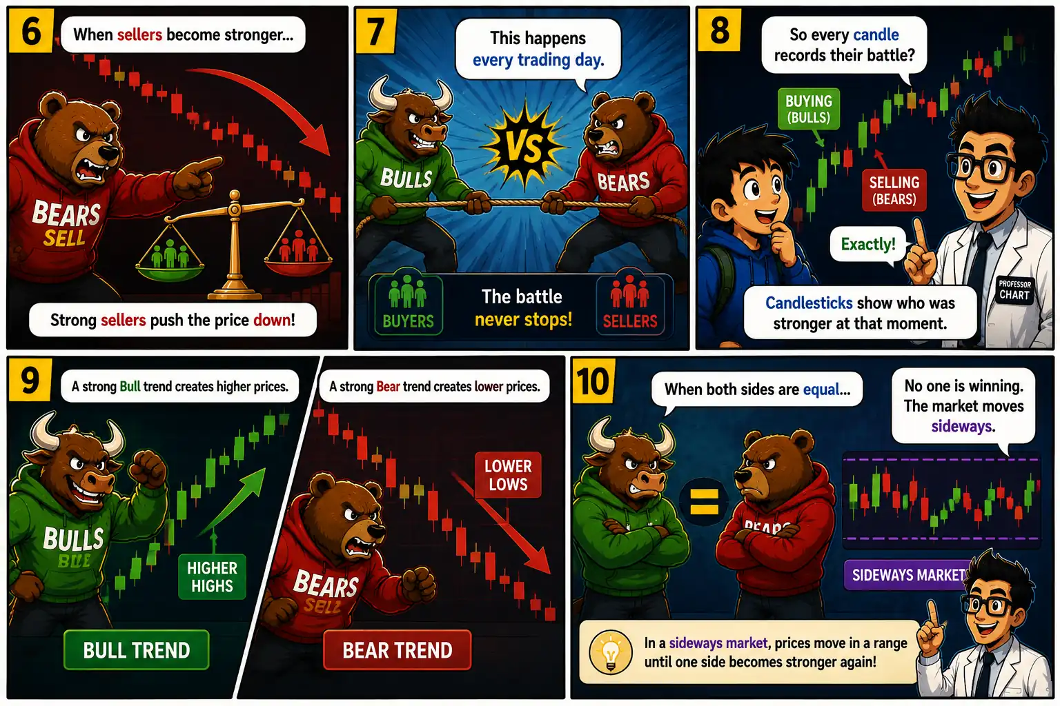 Chart Mission 5 comic panels 6 to 10 explaining bearish trends, daily buyer versus seller battles, candlestick charts, bull trends, bear trends, and sideways markets.