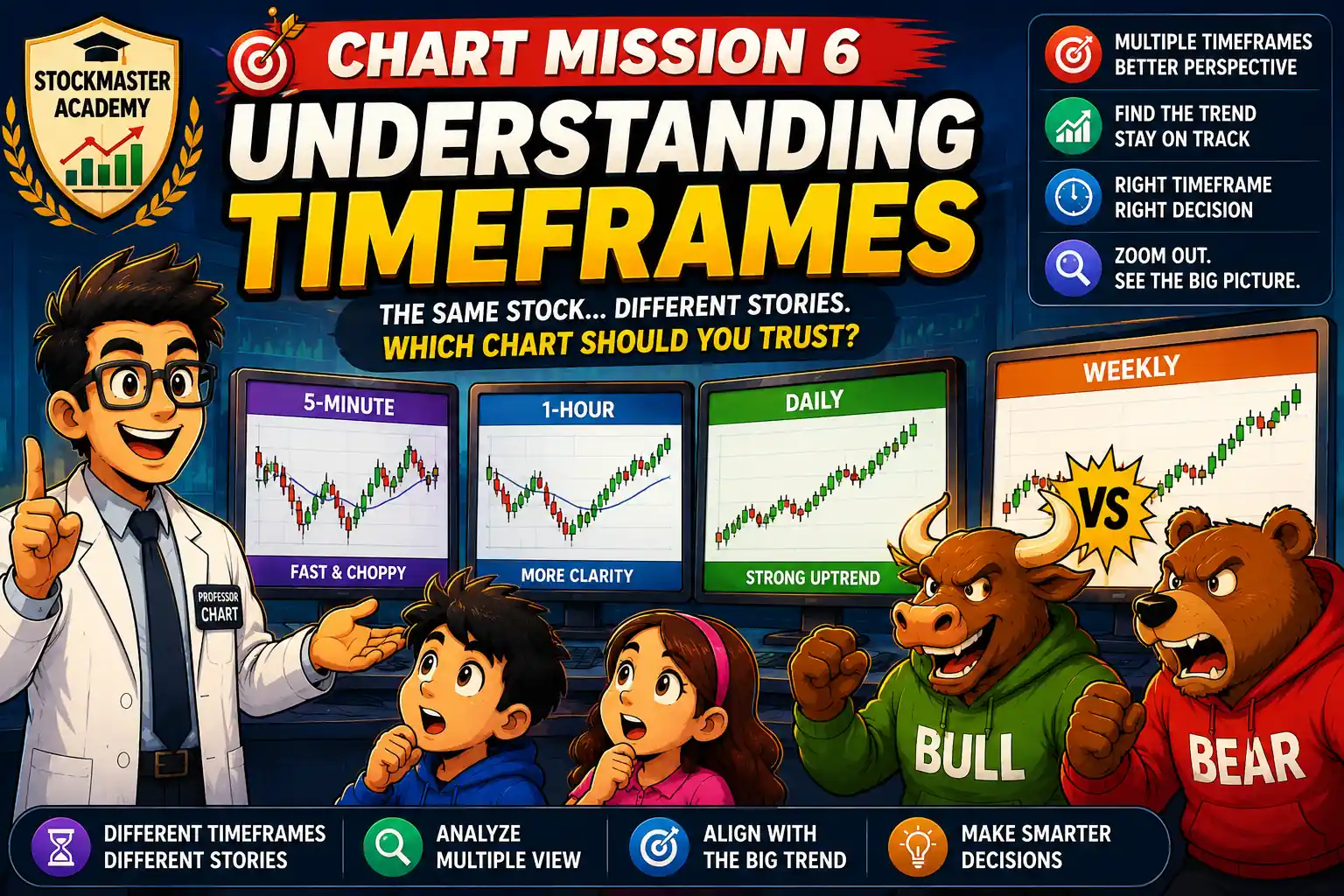 Chart Mission 6 hero image explaining stock market timeframes with Professor Chart, Bull, Bear, and students comparing 5-minute, 1-hour, daily, and weekly stock charts.
