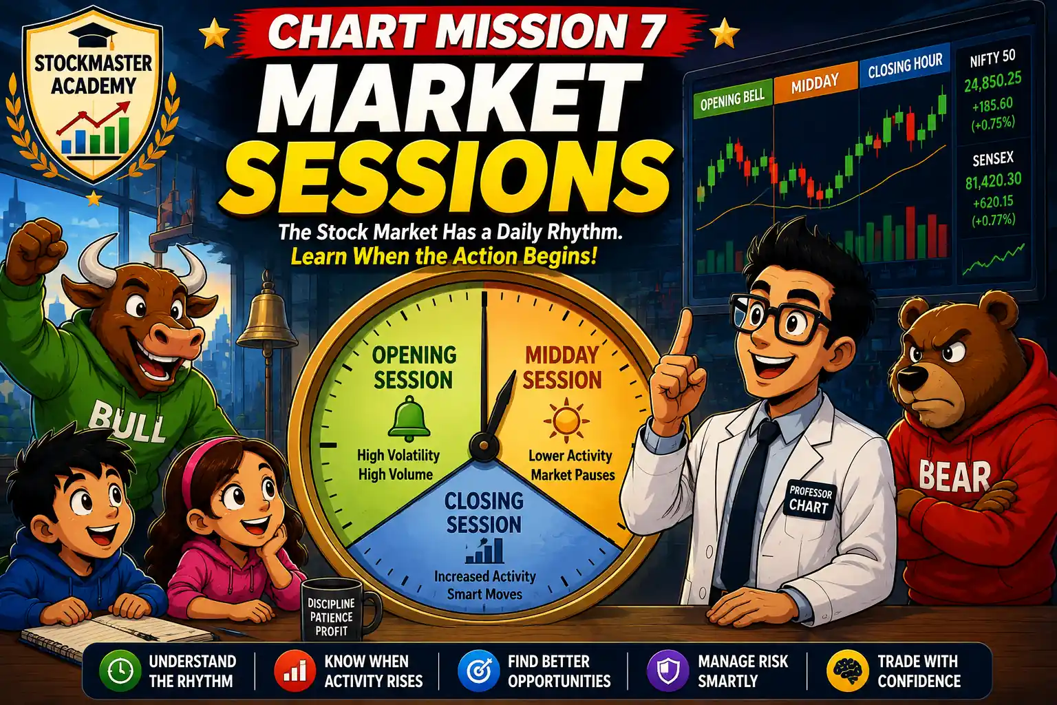 Chart Mission 7 – Market Sessions hero image showing Professor Chart explaining the opening, midday, and closing stock market sessions with Bull, Bear, and students at StockMaster Academy.