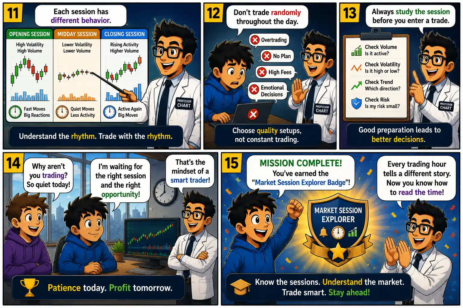 Chart Mission 7 comic panels 11 to 15 teaching different market session behaviors, trading preparation, patience, and earning the Market Session Explorer badge.