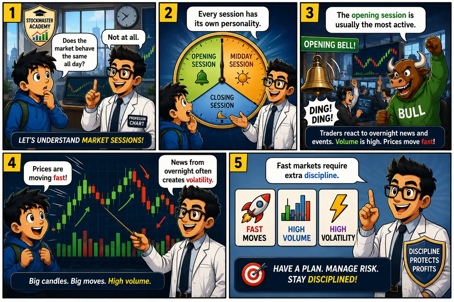 Chart Mission 7 comic panels 1 to 5 introducing market sessions, opening bell activity, overnight news impact, volatility, trading volume, and the importance of discipline.