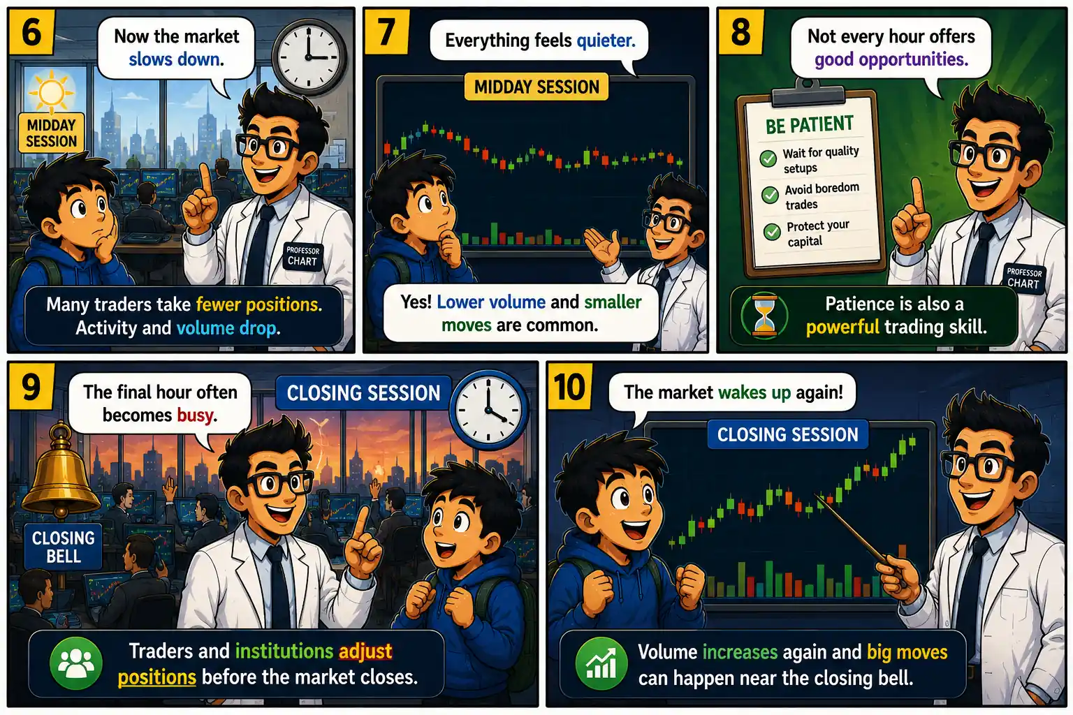 Chart Mission 7 comic panels 6 to 10 explaining the quieter midday session, patience in trading, and increased activity during the market closing session.