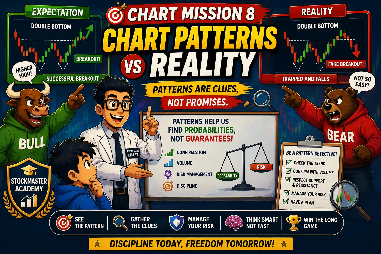 Chart Mission 8 – Chart Patterns vs Reality hero image showing Professor Chart, Bull, Bear, and Arjun explaining why chart patterns are clues, not guarantees in technical analysis.