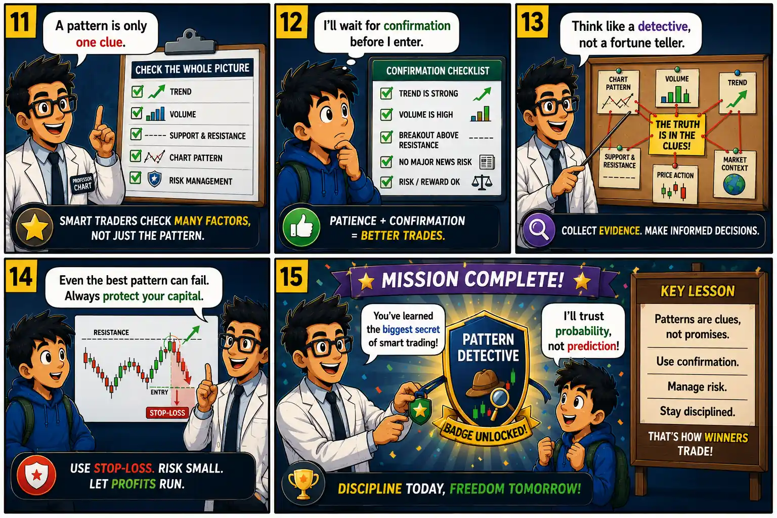 Chart Mission 8 comic panels 11 to 15 teaching confirmation checklists, trading discipline, stop-loss, risk management, and earning the Pattern Detective badge after learning that chart patterns are clues, not promises.