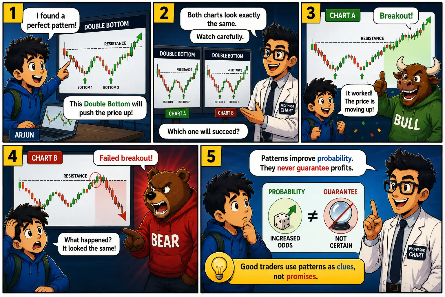 Chart Mission 8 comic panels 1 to 5 introducing chart patterns versus reality, Double Bottom pattern, successful breakout, failed breakout, and the lesson that patterns improve probability rather than guarantee profits.