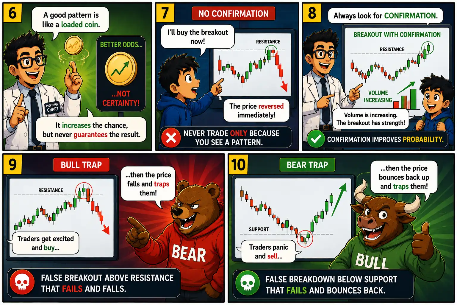Chart Mission 8 comic panels 6 to 10 explaining probability, breakout confirmation, volume confirmation, bull traps, bear traps, and why traders should wait for confirmation before entering a trade.