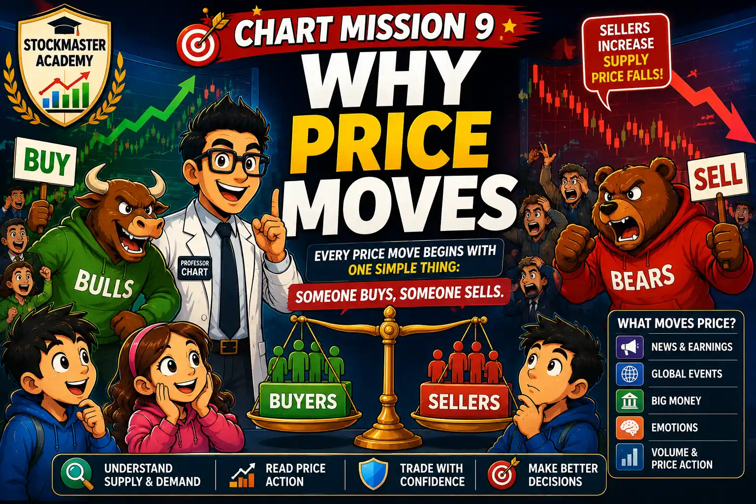 Chart Mission 9 – Why Price Moves hero image showing Professor Chart explaining how buyers, sellers, supply, demand, and market psychology drive stock price movements.