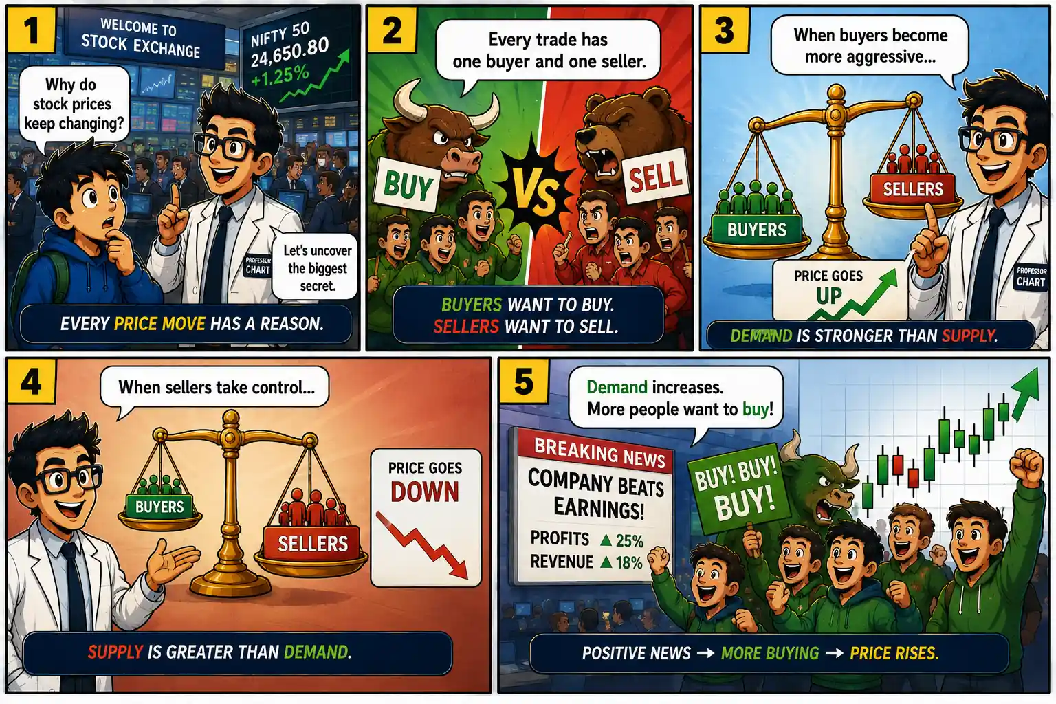 Chart Mission 9 comic panels 1–5 explaining why stock prices move, the role of buyers and sellers, supply and demand, and how positive earnings increase buying pressure.