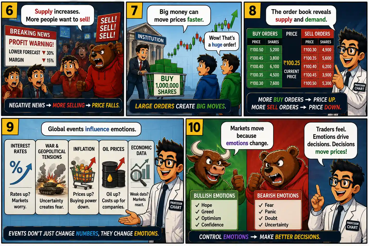 Chart Mission 9 comic panels 6–10 illustrating negative news, institutional buying, order books, global events, and investor emotions that influence stock prices.