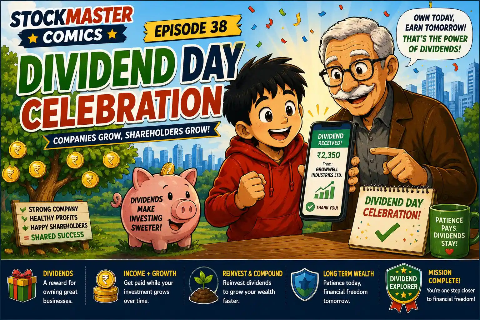 StockMaster Comics Episode 38 Dividend Day Celebration featuring Sam and Grandpa Ben learning how dividends reward shareholders and support long-term investing.