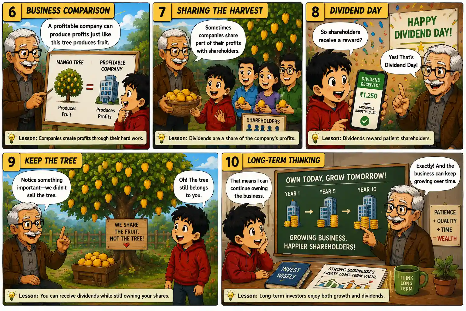 StockMaster Comics Episode 38 panels 6–10 explaining dividends through a mango tree example, shareholder rewards, and long-term investing.