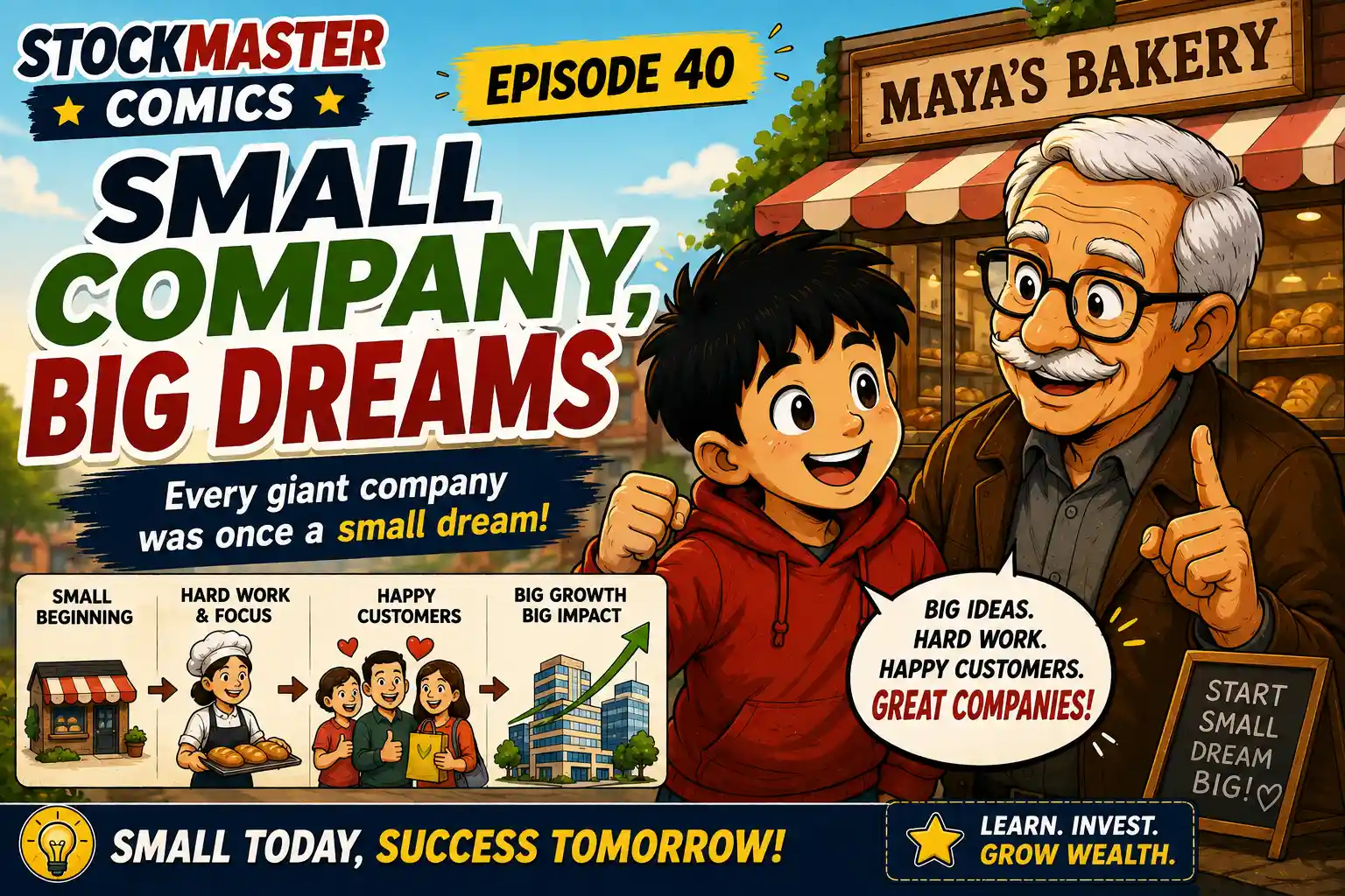 StockMaster Comics Episode 40 Small Company, Big Dreams showing Sam and Grandpa Ben learning how a small bakery can grow into a successful business through hard work, customer trust, and long-term vision.