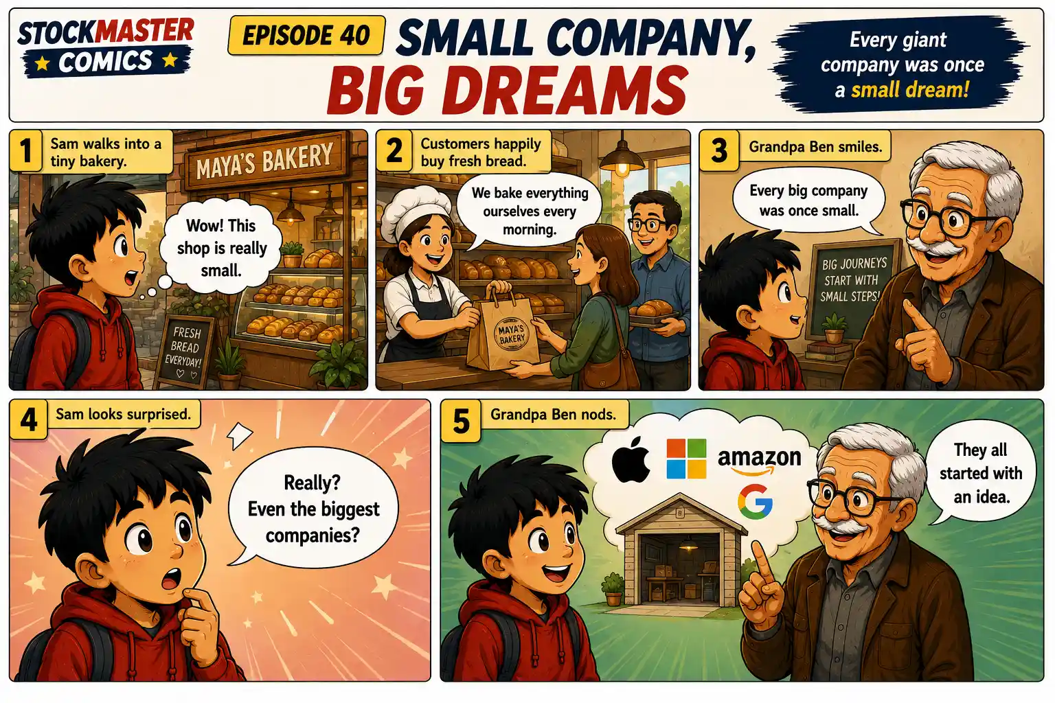 StockMaster Comics Episode 40 panels 1 to 5 showing Sam visiting Maya's Bakery and learning that every successful company starts with a small idea and a big dream.