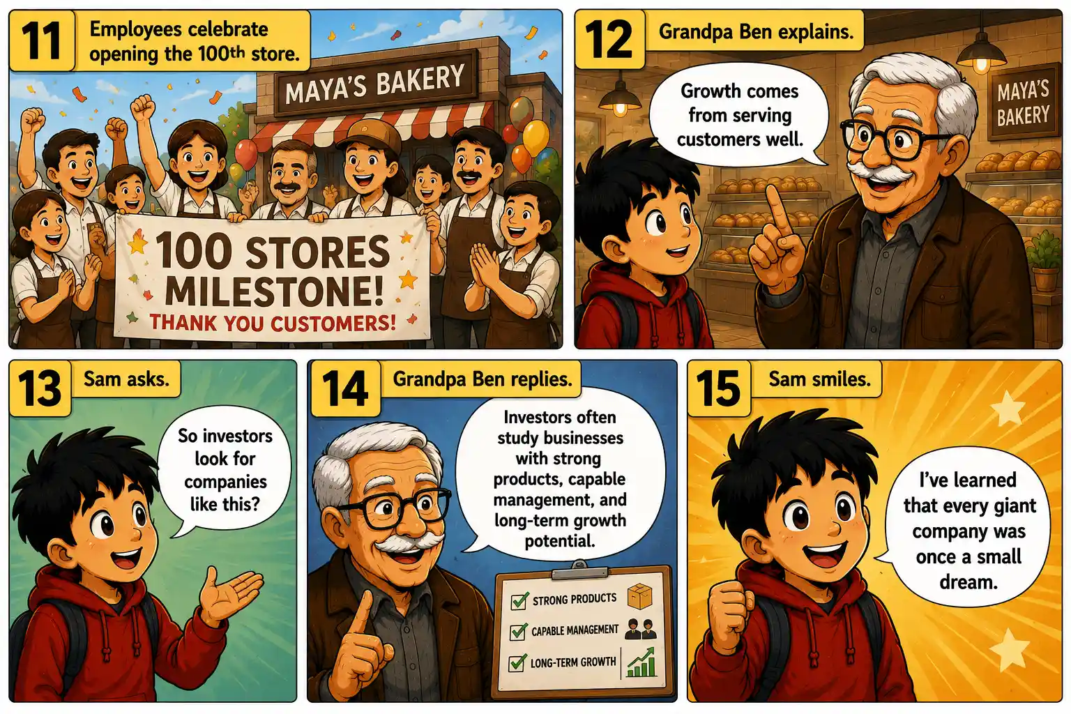 StockMaster Comics Episode 40 panels 11 to 15 showing Maya's Bakery celebrating growth, Grandpa Ben explaining business success, and Sam learning that every giant company began as a small dream.