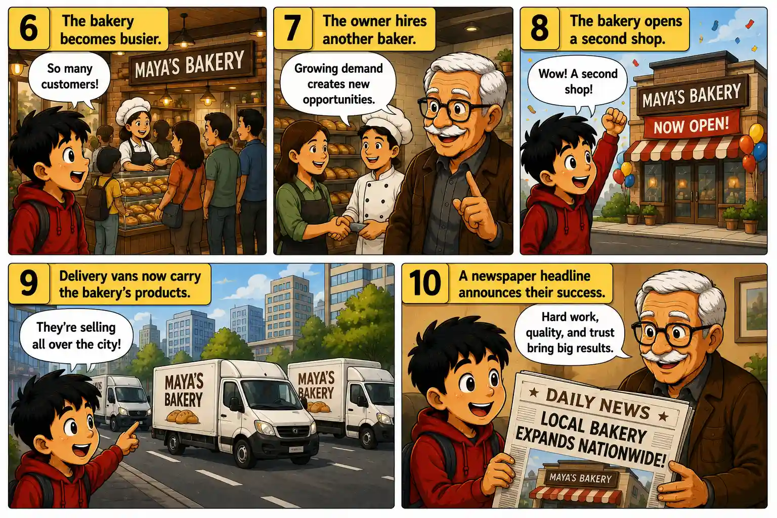 StockMaster Comics Episode 40 panels 6 to 10 showing Maya's Bakery expanding by hiring staff, opening a second store, launching delivery services, and becoming a successful local business.