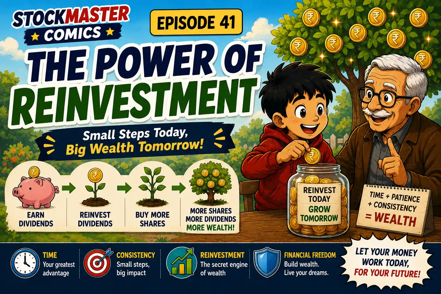 StockMaster Comics Episode 41 The Power of Reinvestment featuring Sam and Grandpa Ben explaining how reinvesting dividends helps grow wealth through patience and long-term investing.