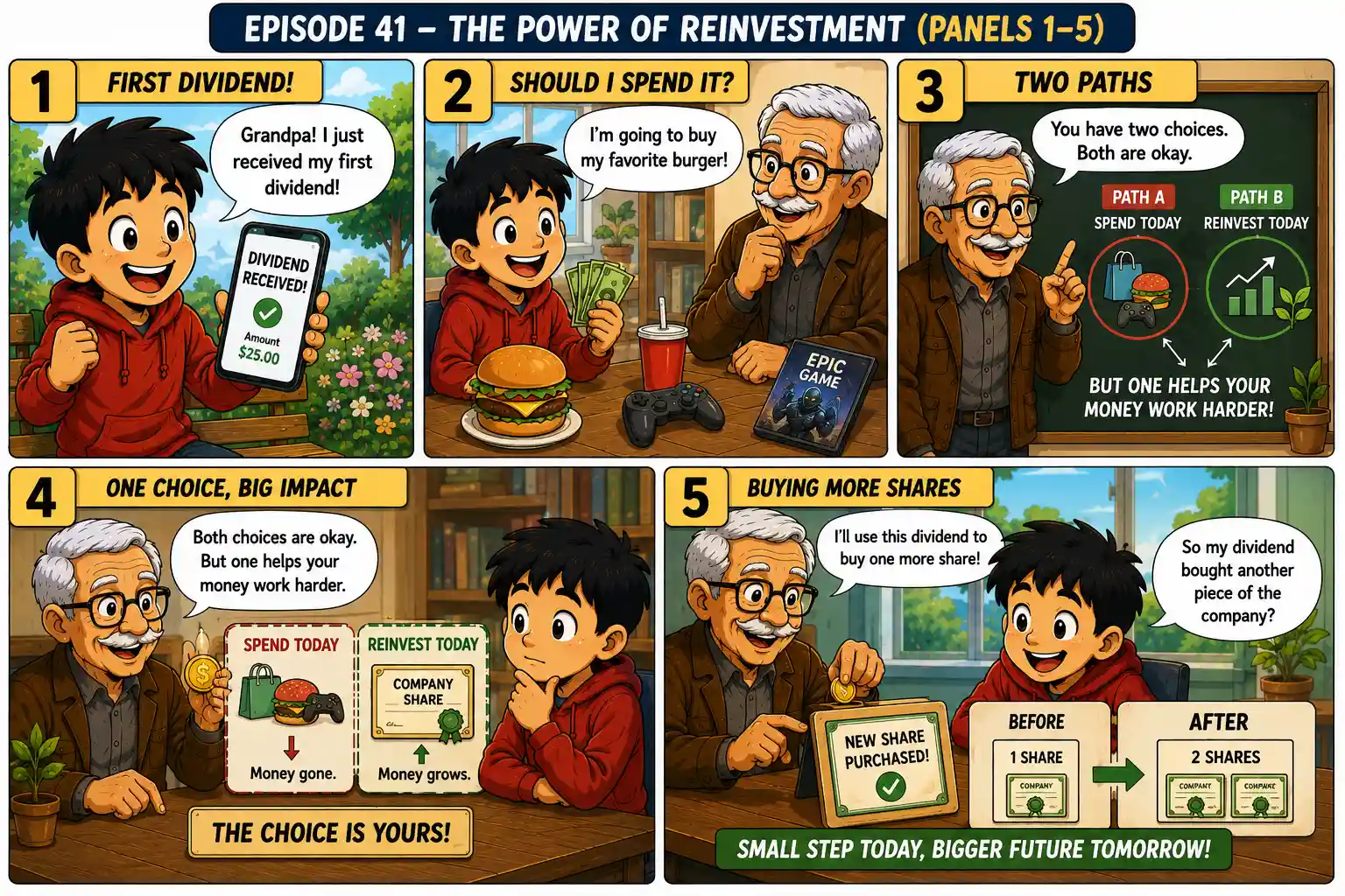 StockMaster Comics Episode 41 panels 1 to 5 showing Sam receiving his first dividend and learning the difference between spending and reinvesting dividends.