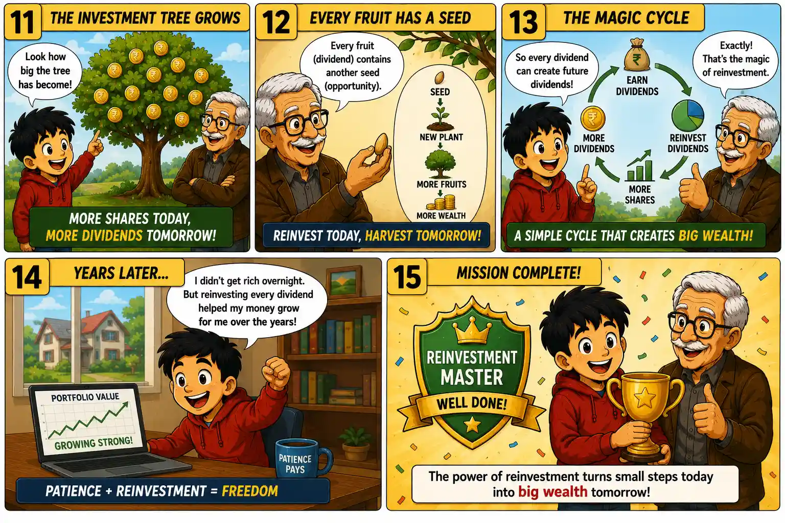 StockMaster Comics Episode 41 panels 11 to 15 illustrating the investment tree, reinvestment cycle, long-term portfolio growth, and the Reinvestment Master achievement badge.