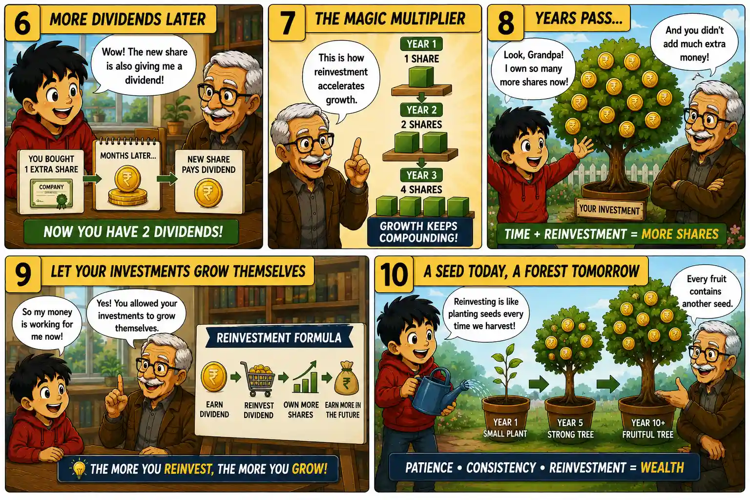 StockMaster Comics Episode 41 panels 6 to 10 explaining how dividend reinvestment, compound growth, and buying more shares increase long-term wealth.