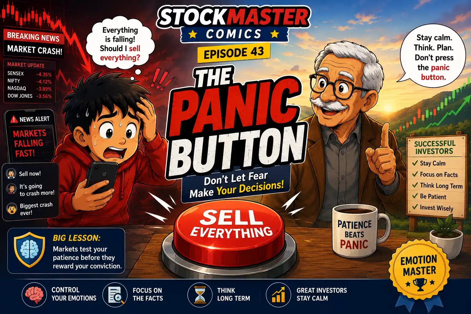 StockMaster Comics Episode 43 The Panic Button showing Sam panicking during a stock market crash while Grandpa Ben teaches him to stay calm and avoid panic selling.