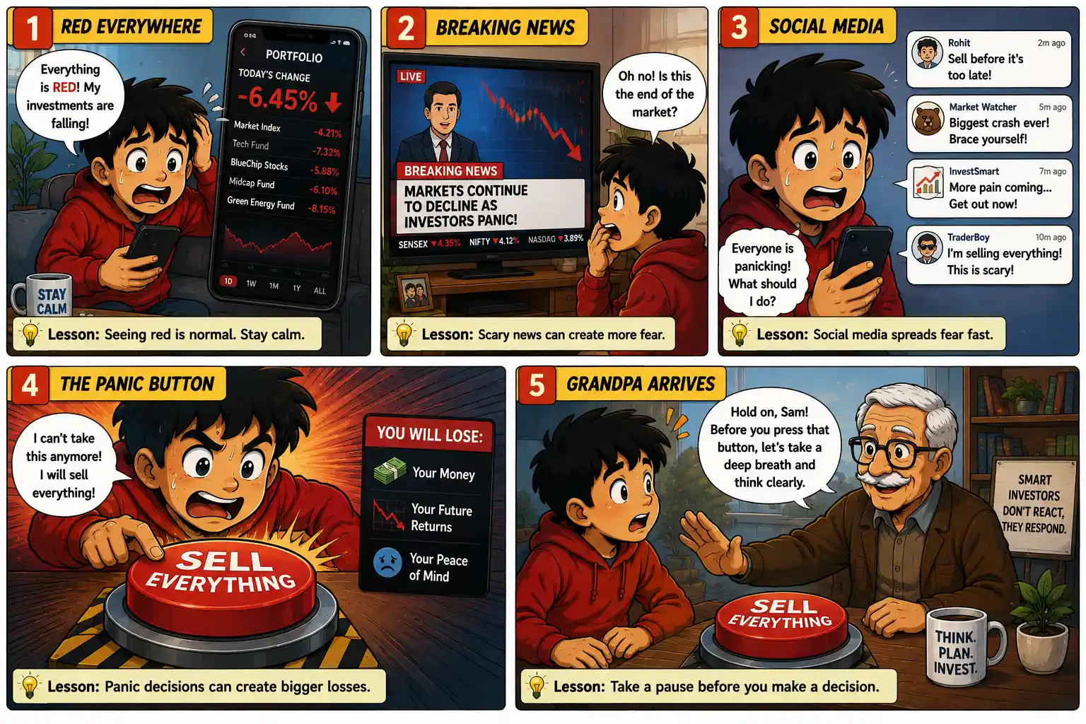StockMaster Comics Episode 43 panels 1 to 5 showing Sam reacting to falling markets, scary news, social media fear, the panic button, and Grandpa Ben stopping him from making an emotional decision.