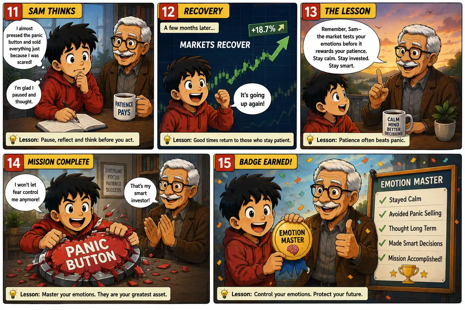 StockMaster Comics Episode 43 panels 11 to 15 showing Sam learning emotional discipline, market recovery, patience, destroying the panic button, and earning the Emotion Master badge.