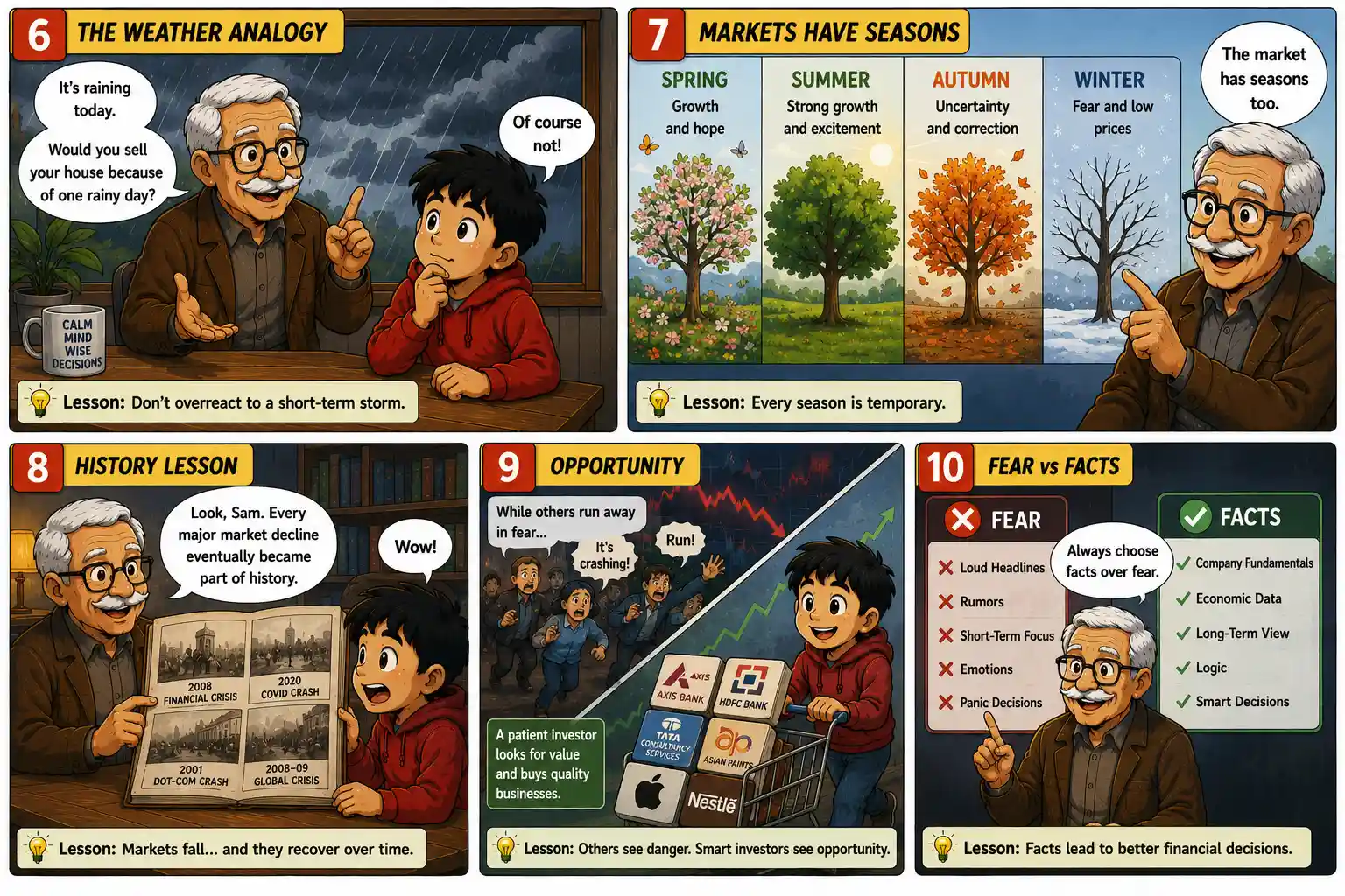 StockMaster Comics Episode 43 panels 6 to 10 explaining the weather analogy, market cycles, historical recoveries, investment opportunities during fear, and choosing facts over emotions.