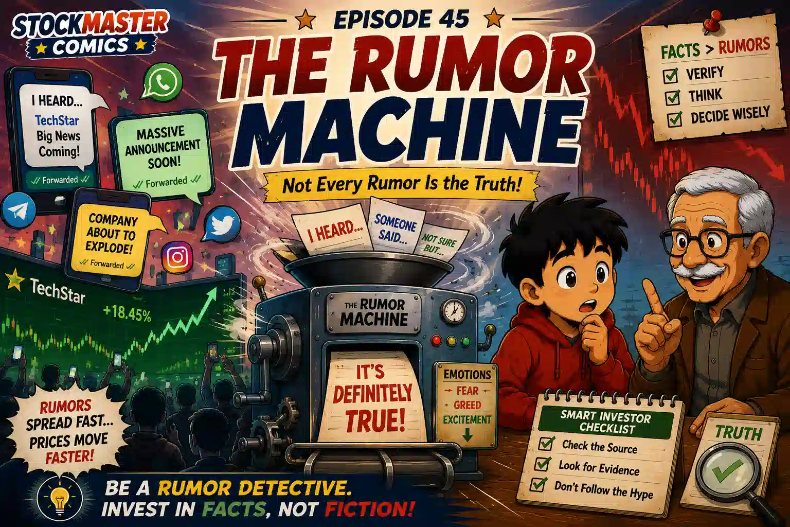 StockMaster Comics Episode 45 The Rumor Machine showing Sam and Grandpa Ben learning why stock market rumors spread and why investors should verify information.