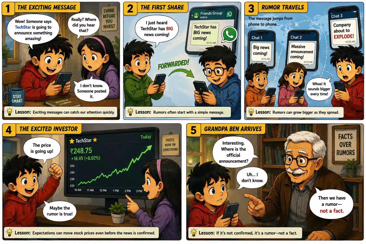 StockMaster Comics Episode 45 panels showing Sam receiving a stock market rumor, watching the price rise, and learning that an unconfirmed rumor is not a fact.