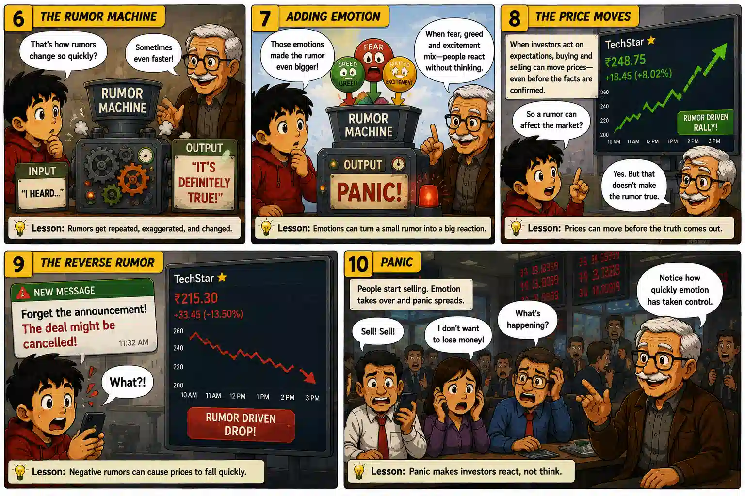 StockMaster Comics Episode 45 panels showing how rumors become exaggerated, emotions amplify them, stock prices react, and panic causes investors to sell.