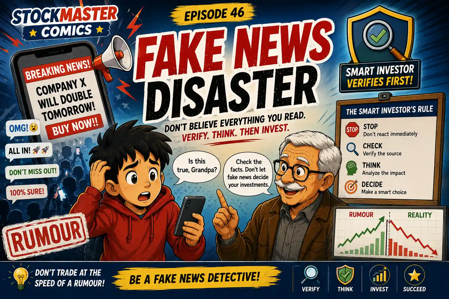 StockMaster Comics Episode 46 Fake News Disaster showing Sam and Grandpa Ben learning to verify financial news before investing.