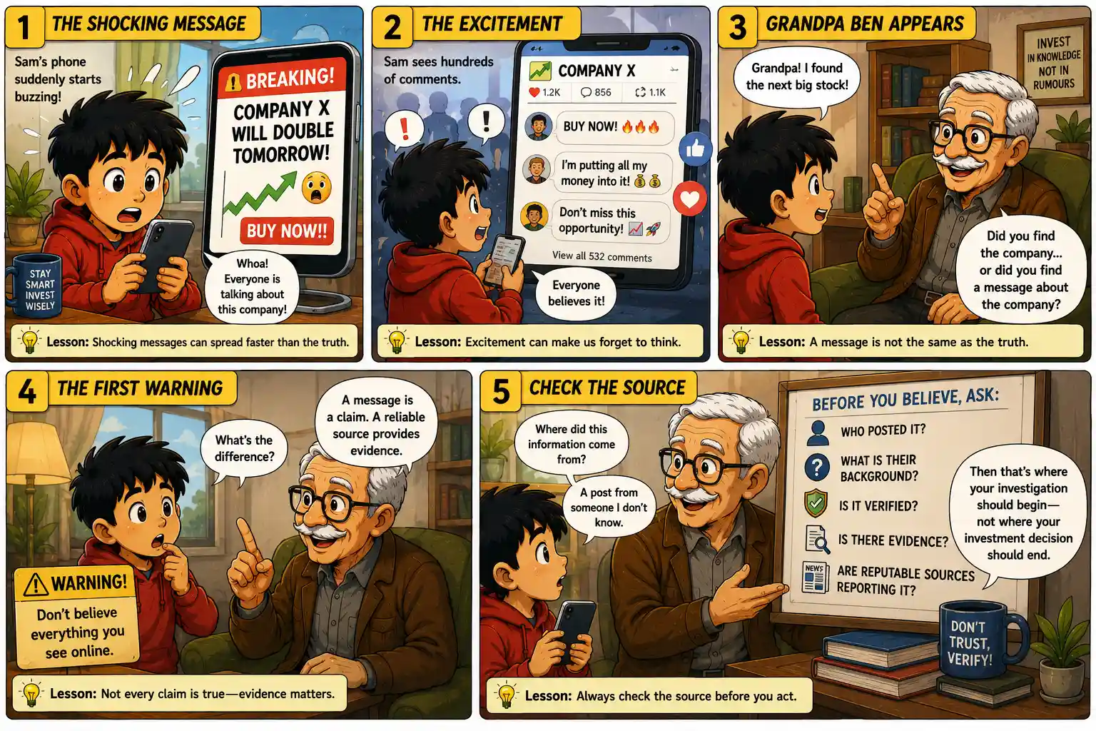 StockMaster Comics panels 1 to 5 showing Sam receiving a shocking stock market message and Grandpa Ben teaching him to check the source.