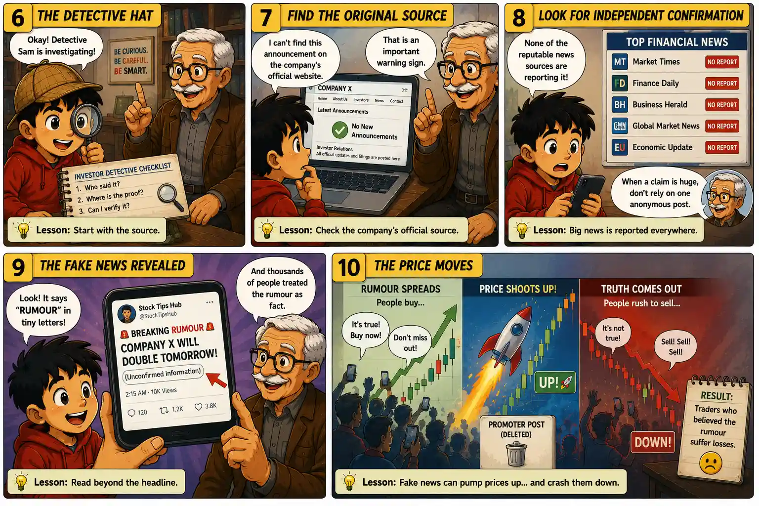 StockMaster Comics panels 6 to 10 showing Sam investigating fake stock news, checking the original source and discovering how rumours can move prices.
