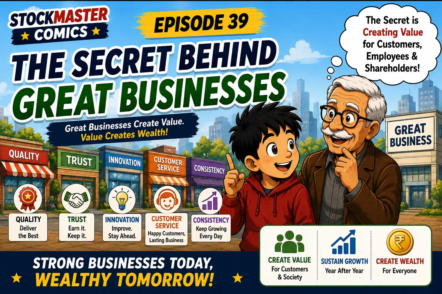 StockMaster Comics Episode 39 The Secret Behind Great Businesses featuring Sam and Grandpa Ben explaining how quality, trust, innovation, customer service, and consistency build successful companies.