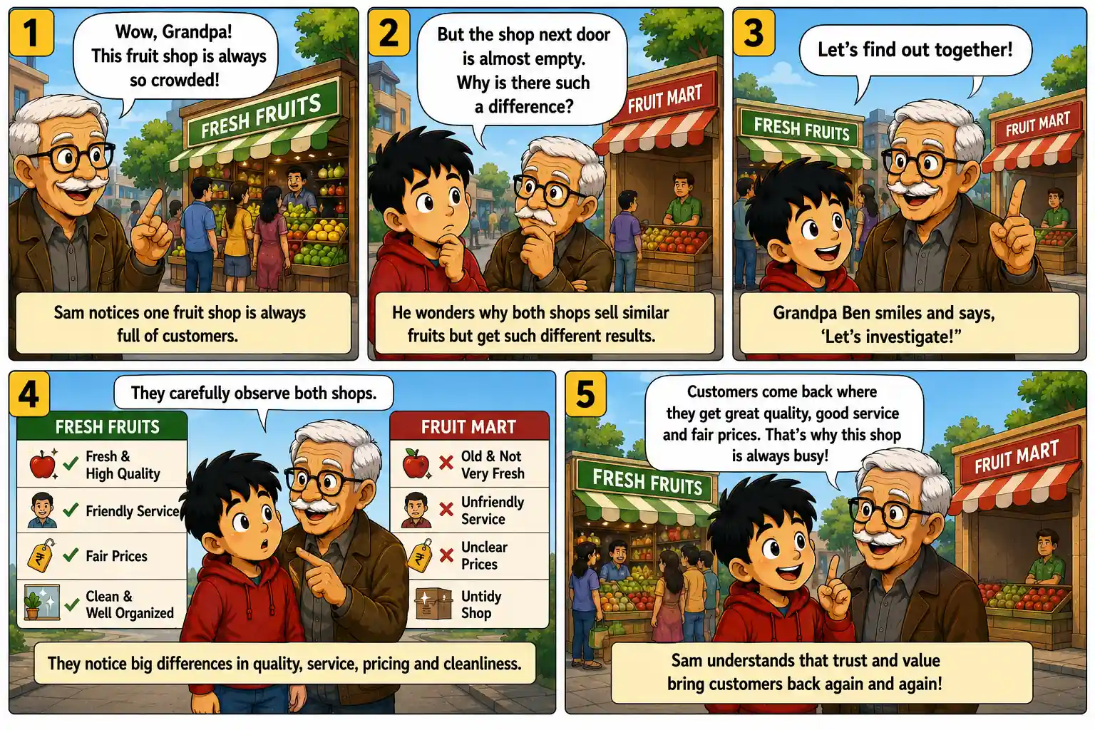 StockMaster Comics Episode 39 panels 1 to 5 showing Sam and Grandpa Ben comparing two fruit shops to discover why great businesses attract loyal customers through quality and trust.