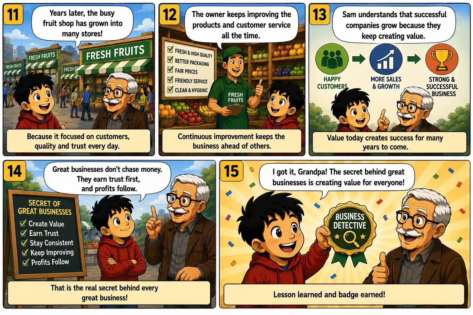 StockMaster Comics Episode 39 panels 11 to 15 showing how continuous improvement, customer value, and trust help businesses expand, create long-term success, and reward shareholders.