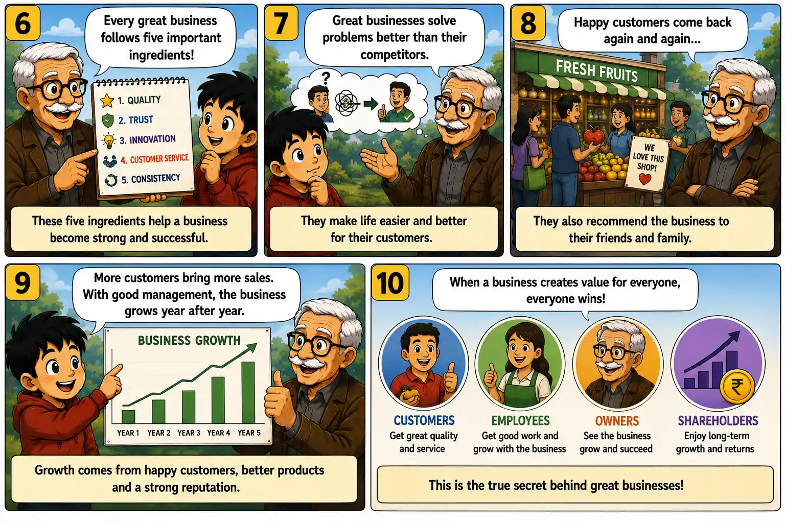 StockMaster Comics Episode 39 panels 6 to 10 explaining the five ingredients of successful businesses including quality, trust, innovation, customer service, and consistency, leading to long-term business growth.