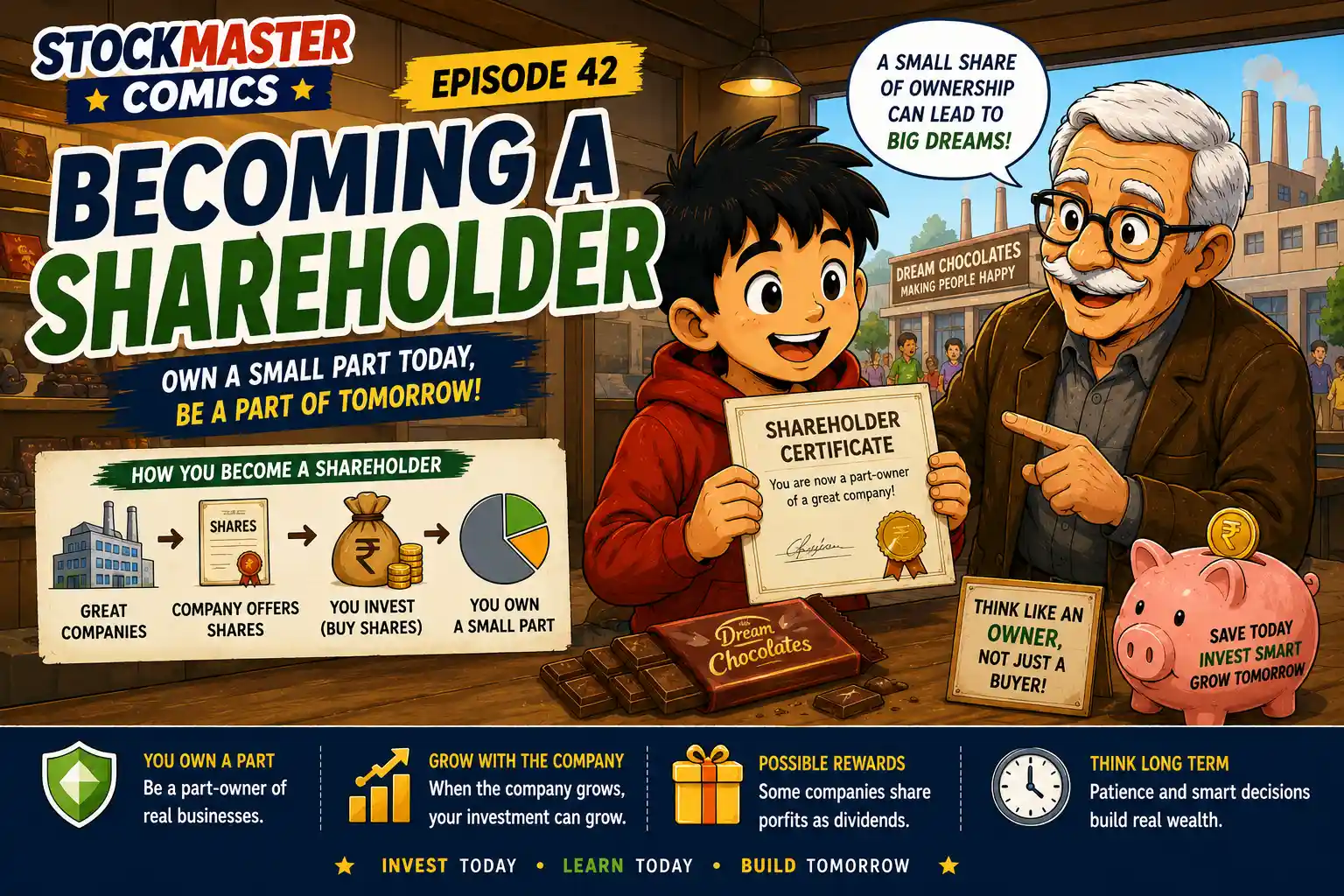 StockMaster Comics Episode 42 Becoming a Shareholder showing Sam receiving his first shareholder certificate from Grandpa Ben and learning how owning shares means owning part of a company.