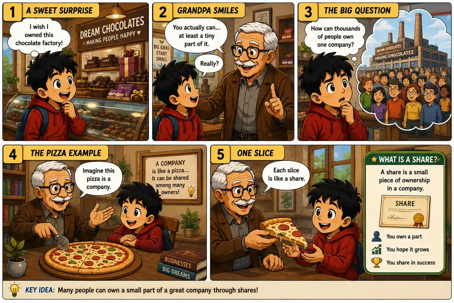 StockMaster Comics Episode 42 panels 1 to 5 where Sam learns the basics of share ownership through a pizza analogy and discovers how thousands of people can own part of one company.