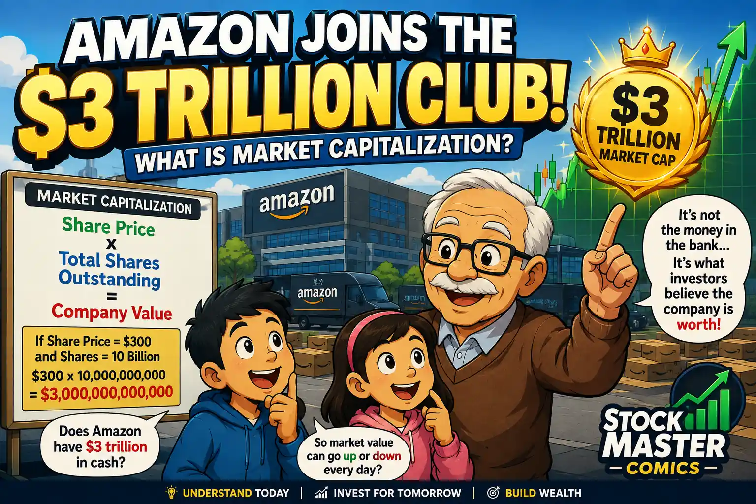 Amazon joins the $3 trillion club hero comic explaining market capitalization and company valuation.