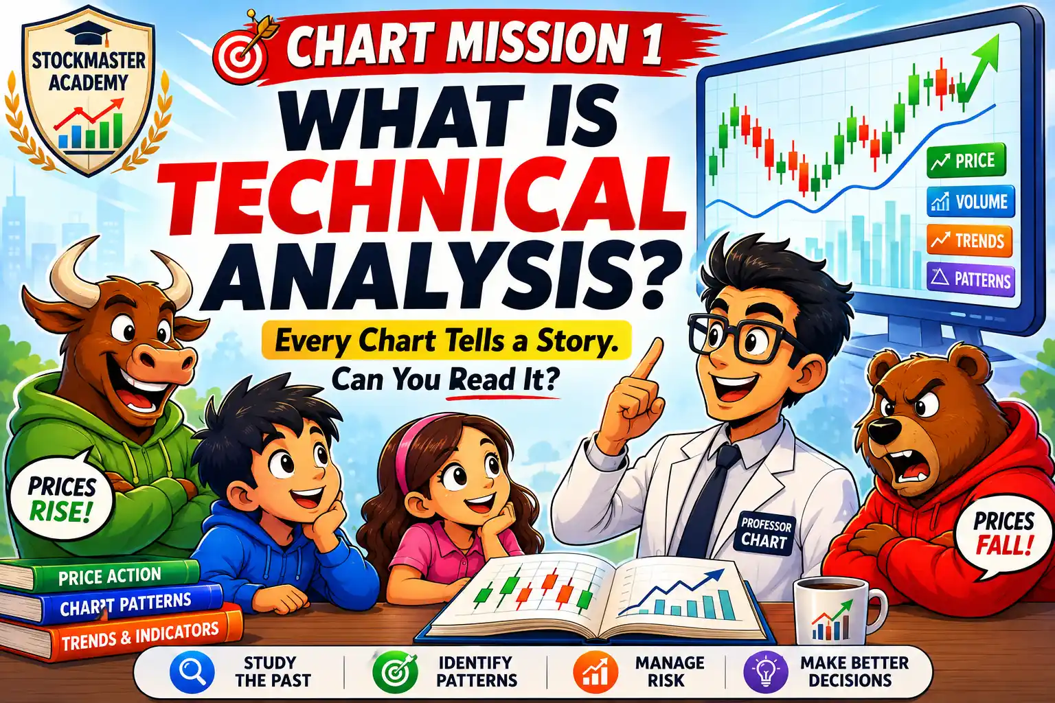 Chart Mission 1 – What Is Technical Analysis? StockMaster Academy comic hero image featuring Professor Chart, Bull, Bear, and students learning stock chart analysis.