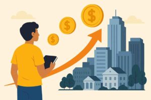 A young man holding a notebook looks at a city skyline while an upward-curving arrow and floating gold coins symbolize the power of compounding and long-term financial growth.