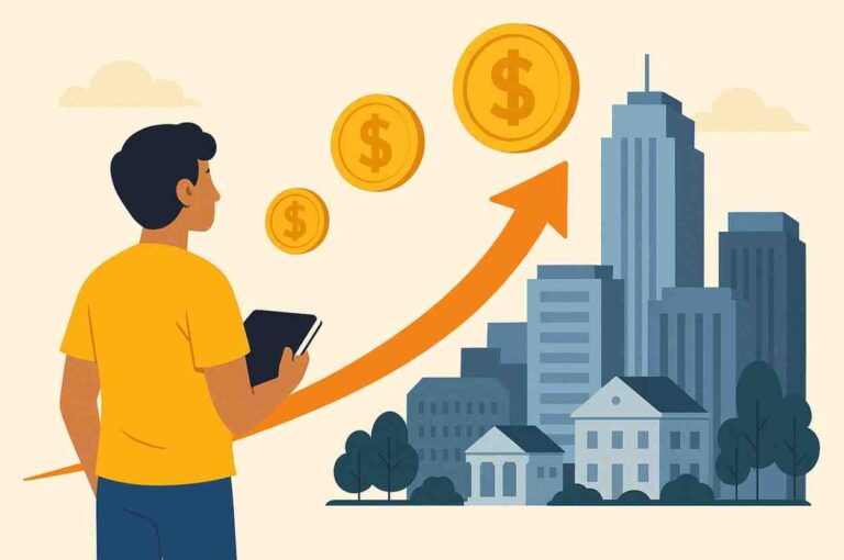 A young man holding a notebook looks at a city skyline while an upward-curving arrow and floating gold coins symbolize the power of compounding and long-term financial growth.