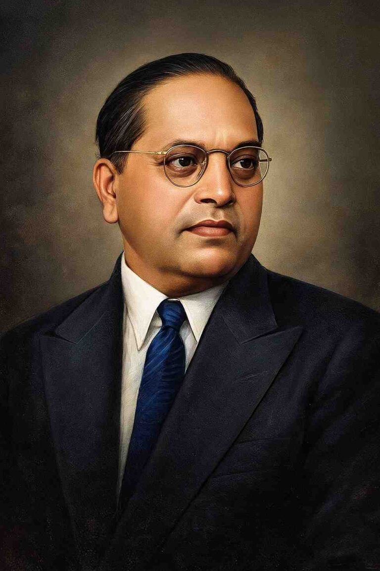 A highly detailed, realistic portrait of Dr. Babasaheb Ambedkar painted in classic oil style, showing him in a navy blue suit, tie and round glasses, with a dignified expression against a warm textured background.