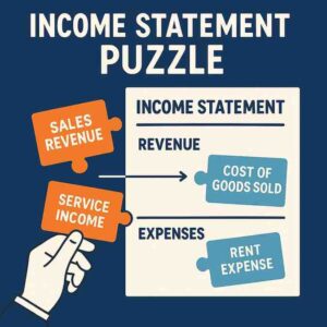 A flat illustration of the Income Statement Puzzle game showing a hand placing revenue and expense puzzle pieces into an income statement layout, with labels such as Sales Revenue, Service Income, Cost of Goods Sold, and Rent Expense.