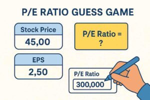 PE Ratio Guess Game illustration showing price, EPS, and a hand entering a PE guess.