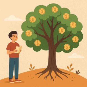 A teenage boy stands holding a notebook while looking at a large tree whose branches are filled with golden coin-like fruits, symbolizing the long-term growth of patient investing.