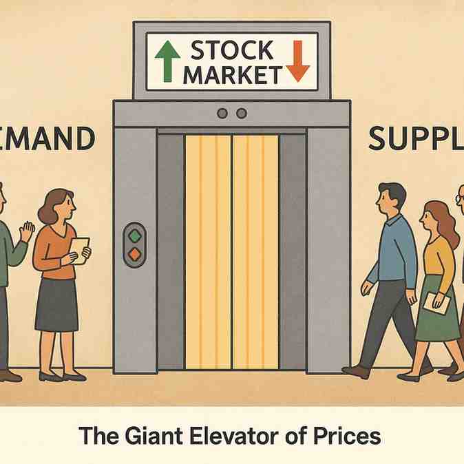 A large elevator labeled “Stock Market” stands at the center, with people on the left representing demand waiting to enter and people on the right representing supply walking away, symbolizing how supply and demand influence price movement.